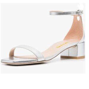 XYD Silver Open Toe Strappy Low Block Heel Sandal Ankle Strap with Buckle